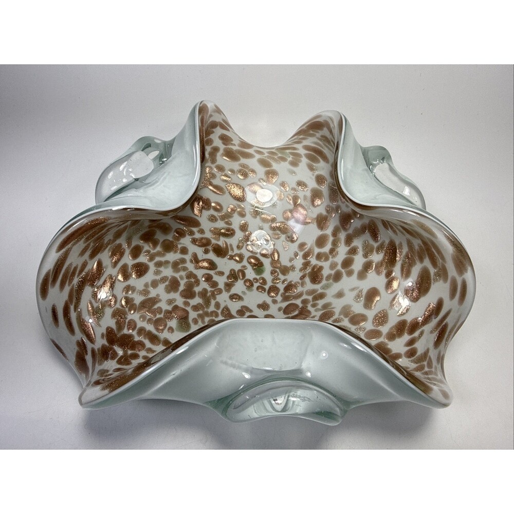 Vtg Mcm Murano Toso White Cased Glass Gold/copper Flakes Glass Bowl C1 - Picture 2 of 9
